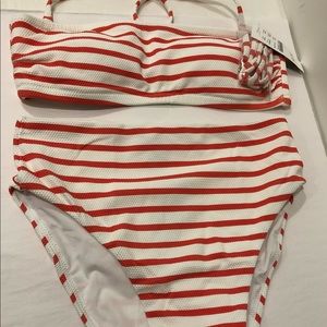 NWT J.Crew 2Pc Bikini XS Bandeau Bra High waist ~ textured stripe Persimmon Red